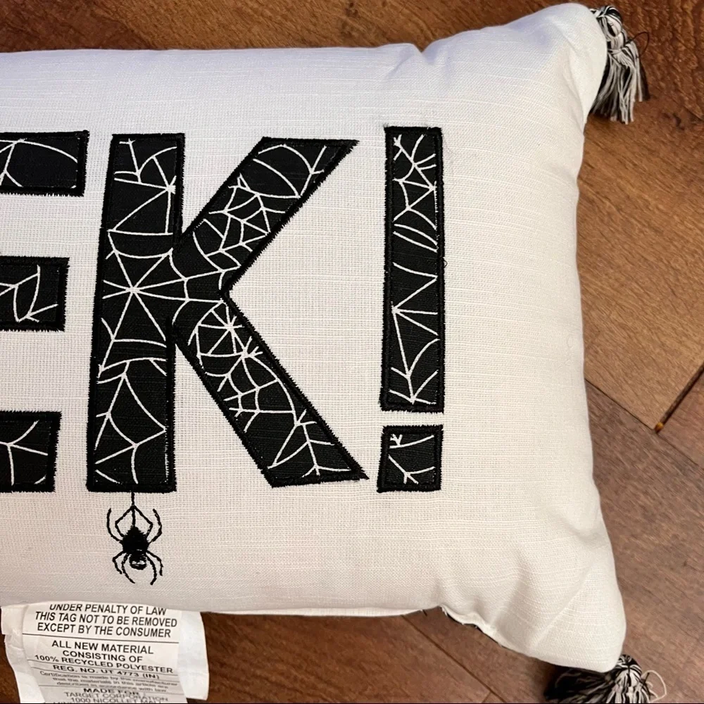 Brand new Halloween EEK! Pillow w/tassels black white spider webs rectangle